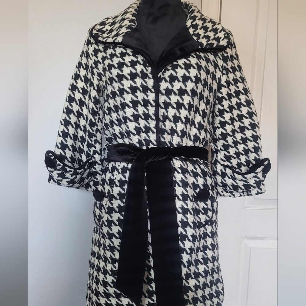 Houndstooth Coat with Black Velvet Belt.